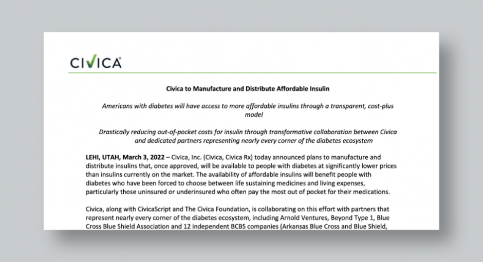 screenshot of a Civica press release about insulin cost
