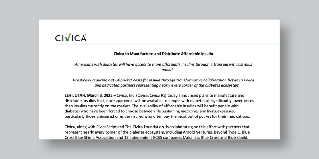 screenshot of a Civica press release about insulin cost
