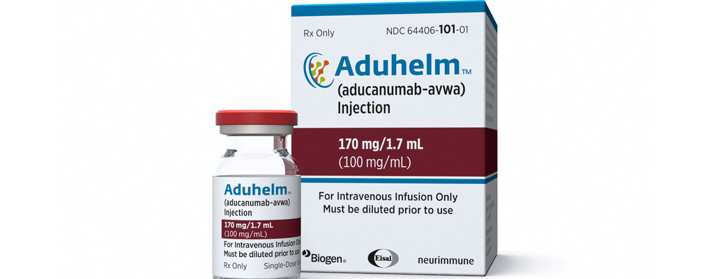 A box and bottle of prescription drug Aduhelm