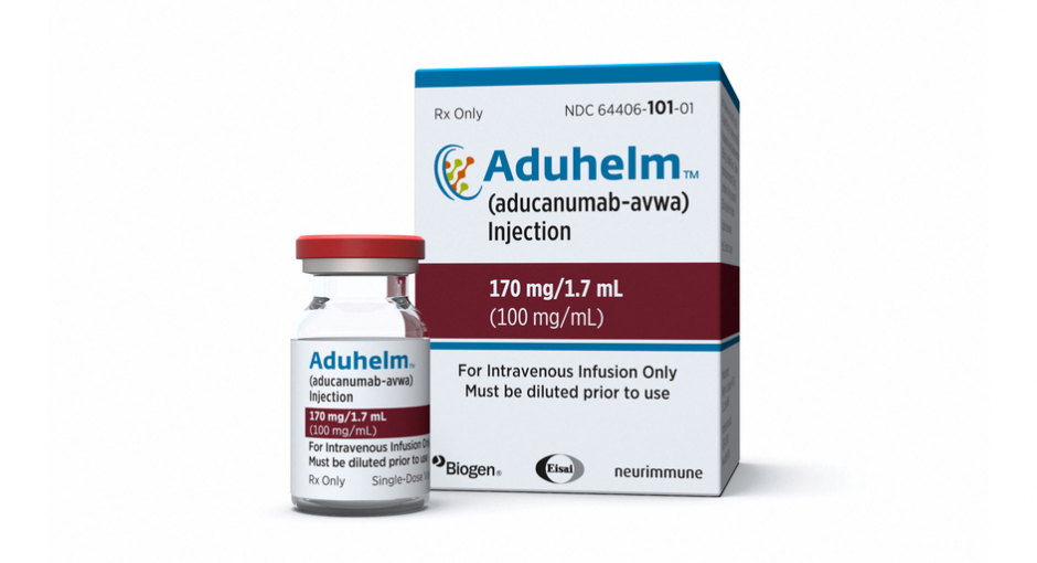 A box and bottle of prescription drug Aduhelm