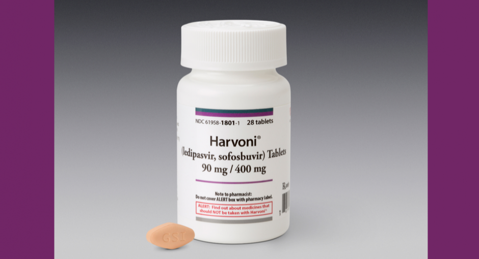 prescription bottle of Harvoni and pill