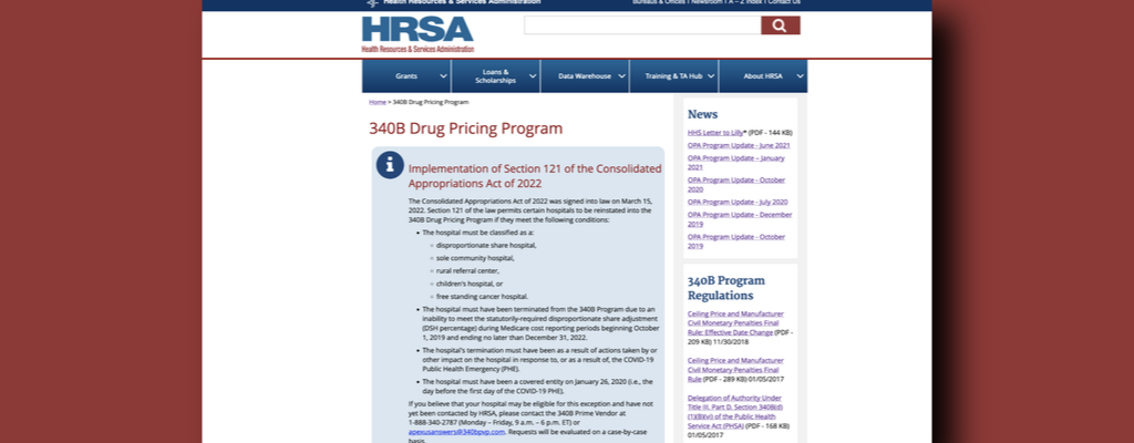 screenshot of HRSA 340B drug pricing program