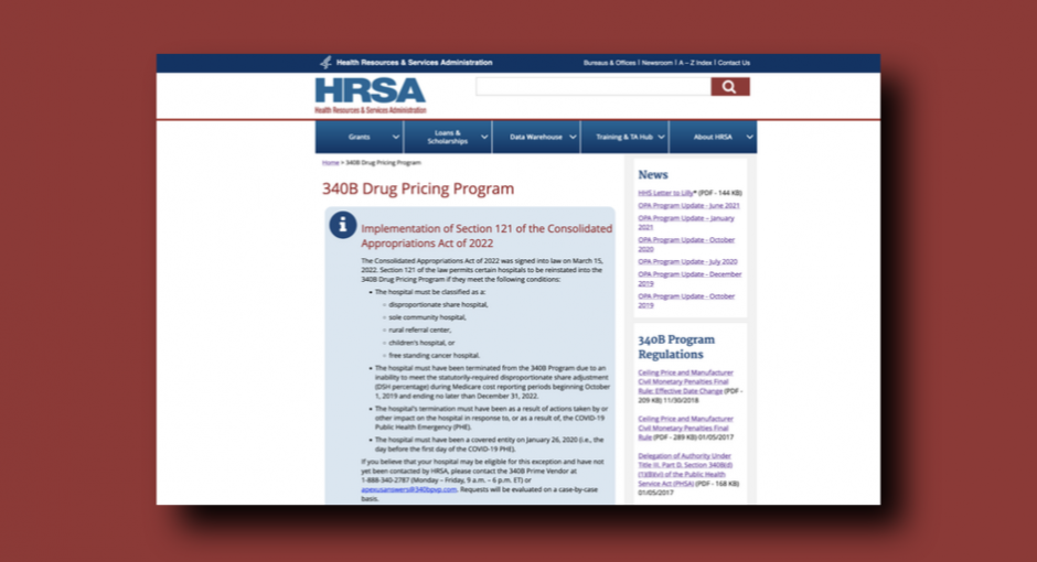 screenshot of HRSA 340B drug pricing program