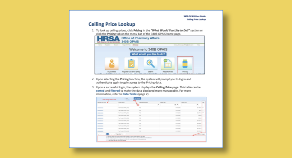 screenshot of HRSA website ceiling price lookup instructions