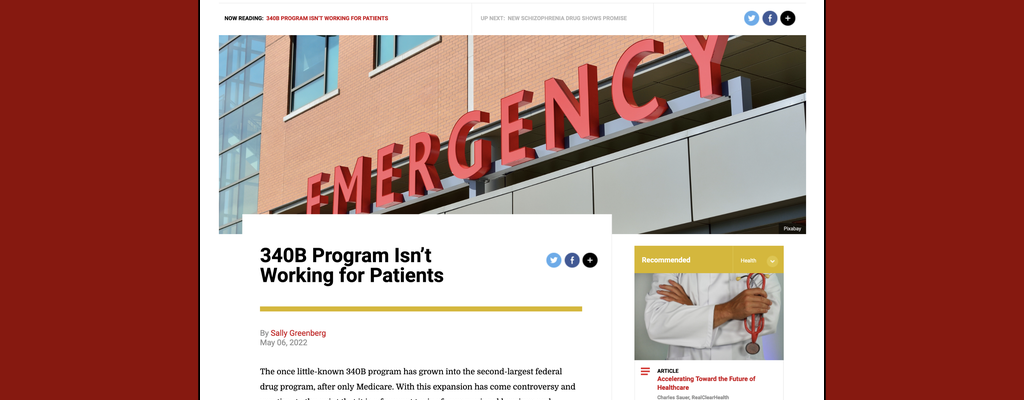 Screenshot of RealClear Health 340B Program story, "340B Program Isn't Working for Patients"
