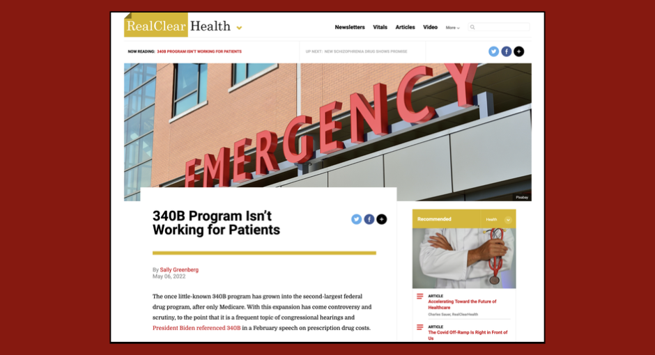 Screenshot of RealClear Health 340B Program story, "340B Program Isn't Working for Patients"