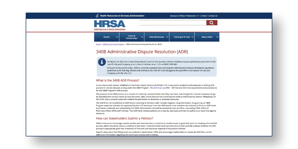 screenshot of HRSA 340B administrative dispute resolution web page
