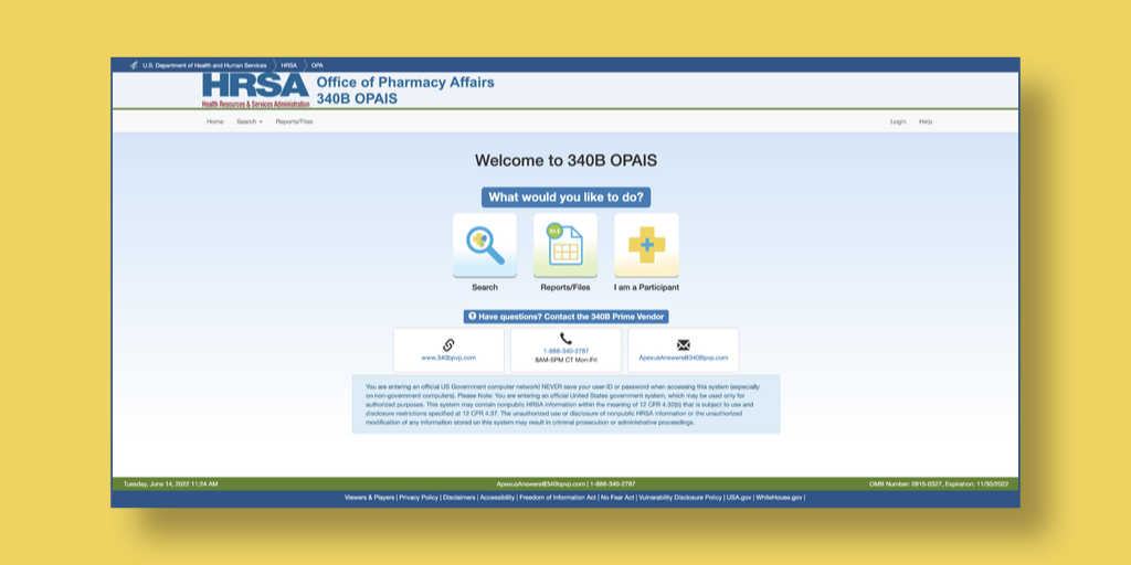 screenshot of HRSA Office of Pharmacy Affairs 340B welcome page