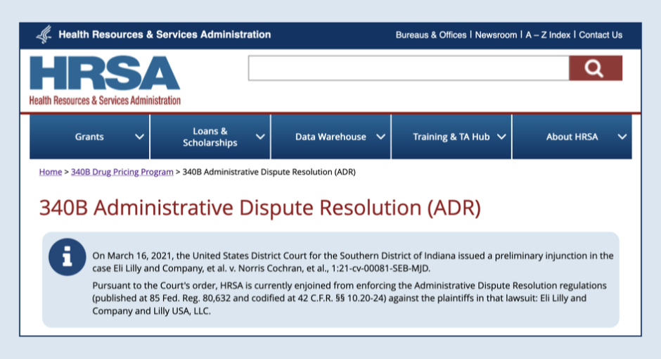 screenshot of HRSA 340B Administrative Dispute Resolution page