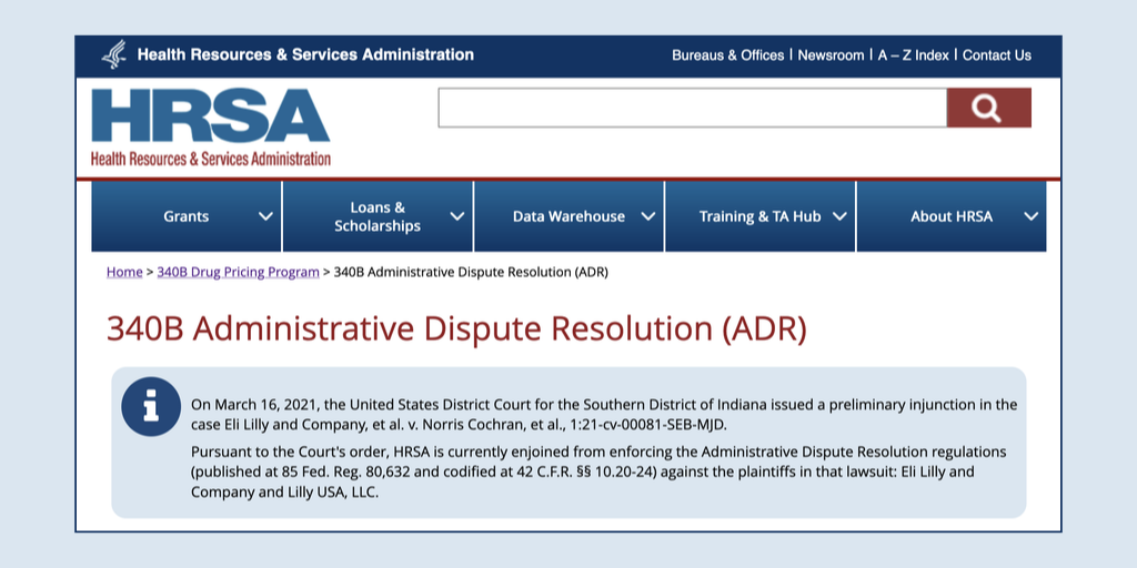 screenshot of HRSA 340B Administrative Dispute Resolution page