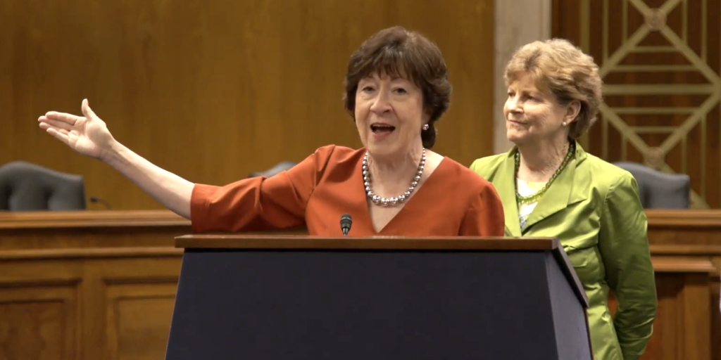 Sen, Susan Collins (R-ME) speaking at a podium