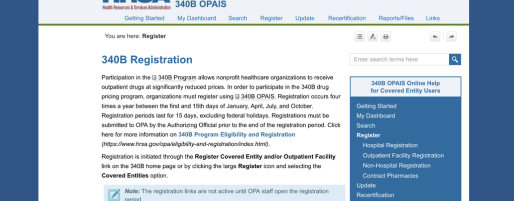 Screenshot of HRSA Office of Pharmacy Affairs 340B registration page