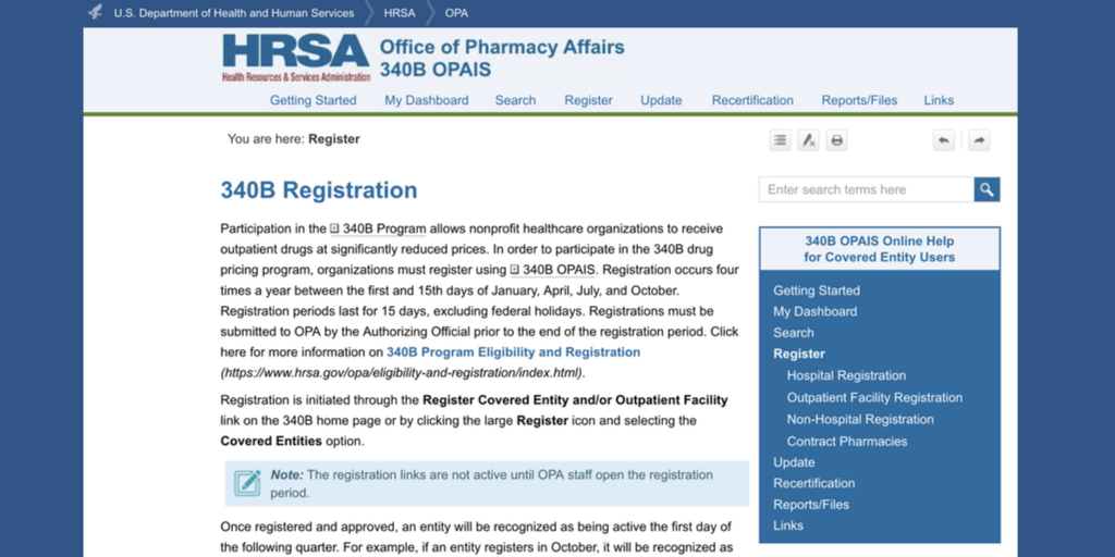 Screenshot of HRSA Office of Pharmacy Affairs 340B registration page
