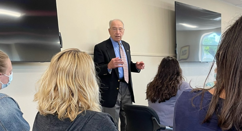 Sen. Chuck Grassley (R-IA) speaking in a meeting with hospital employees