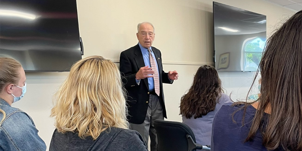 Sen. Chuck Grassley (R-IA) speaking in a meeting with hospital employees