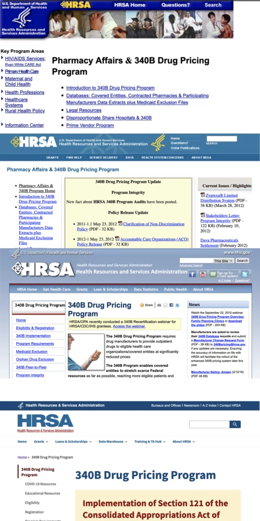 series of screenshots of the Office of Pharmacy Affairs homepage