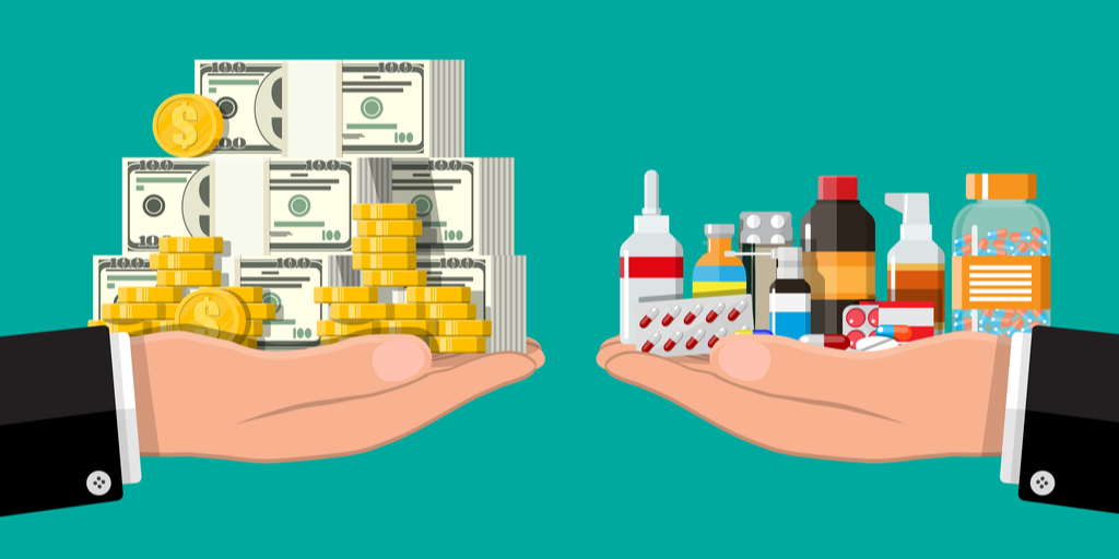 digital image of hand holding cash and hand holding pharmaceuticals