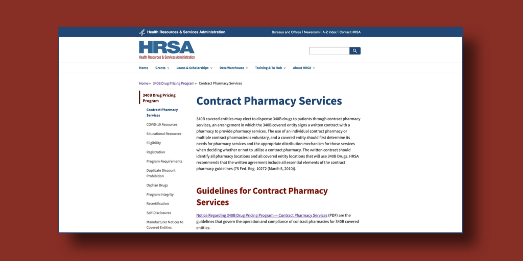 screenshot of HRSA contract pharmacy services