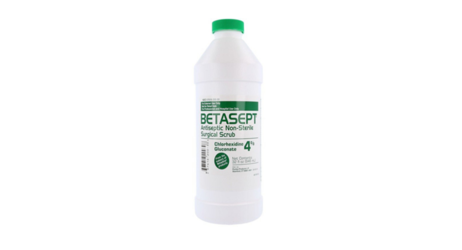 A bottle of Betasept antiseptic scrub