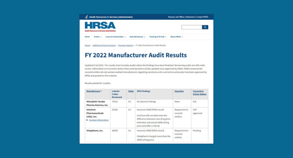 screenshot of HRSA FY 2022 manufacturer audit results page