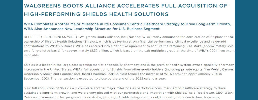 Screenshot of Business Wire announcement Walgreens Boots Alliance, Inc. to gain ownership of Shields Health Solutions