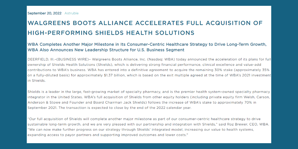 Screenshot of Business Wire announcement Walgreens Boots Alliance, Inc. to gain ownership of Shields Health Solutions