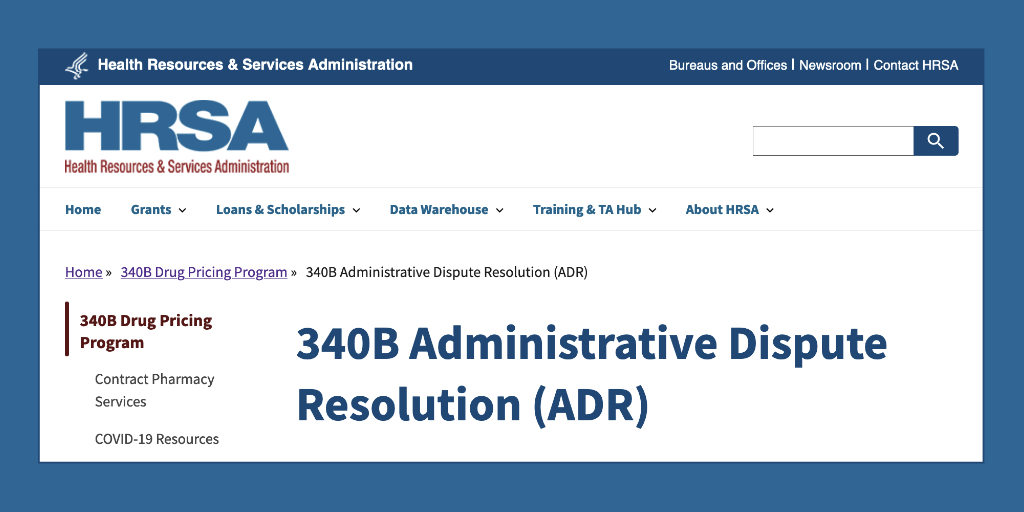 screenshot of HRSA 340B, Administrative dispute resolution web page