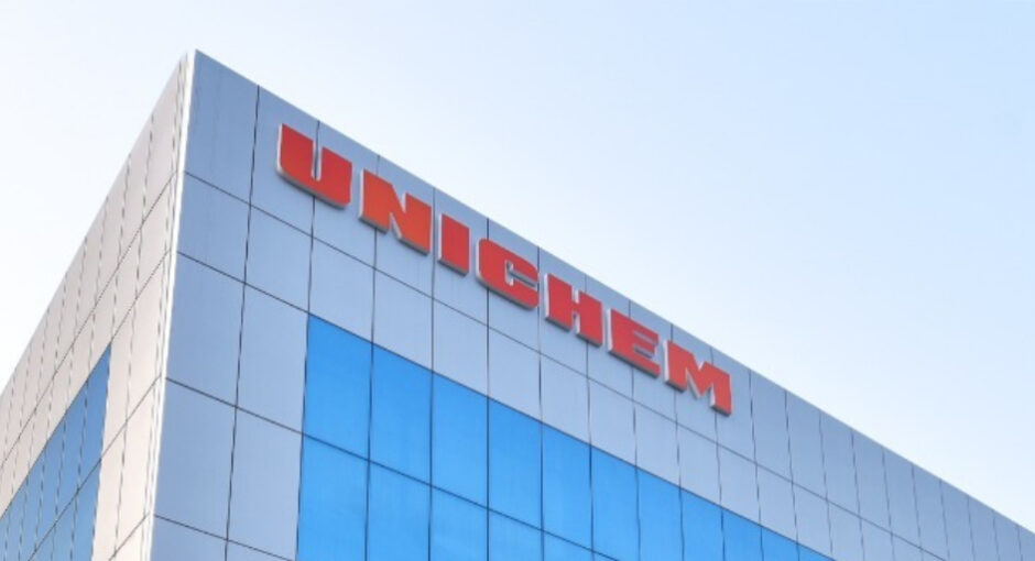 Drug manufacturer Unichem wordmark on building