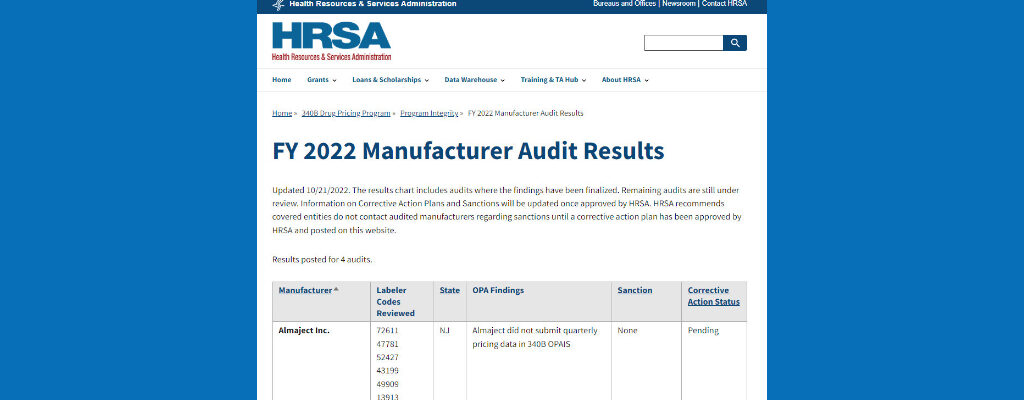 Screenshot of HRSA manufacturer audit results page