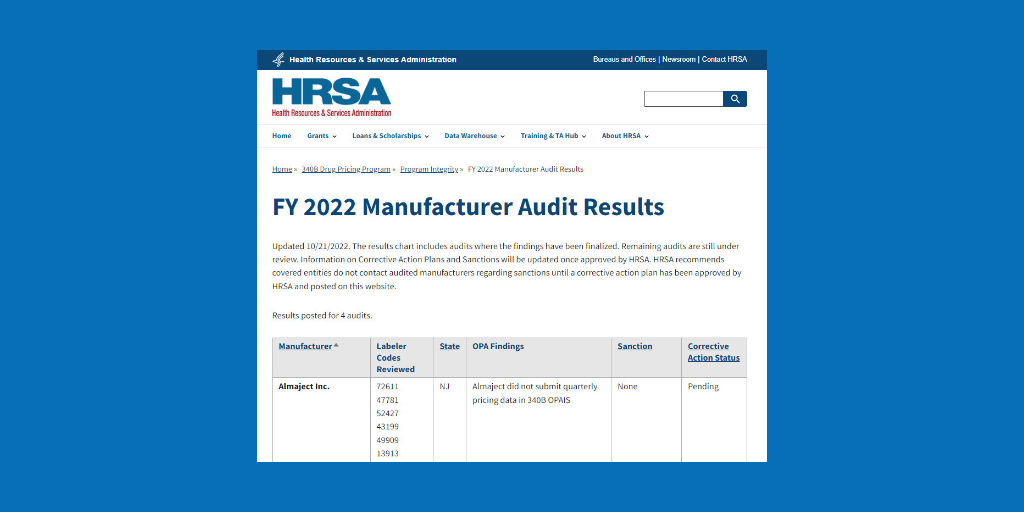 Screenshot of HRSA manufacturer audit results page