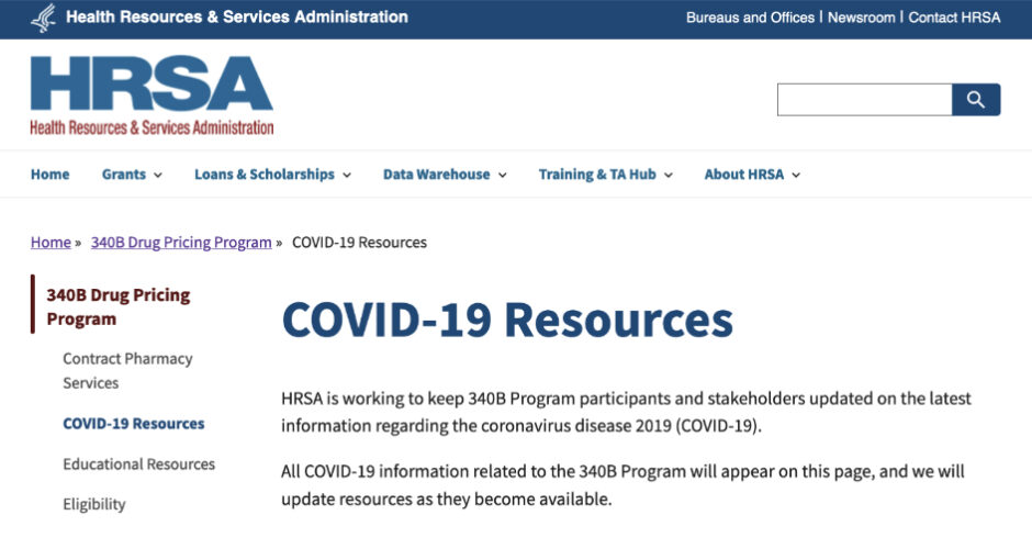 Screenshot of HRSA COVID-19, 340B program resources page