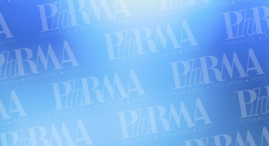 PhRMA wordmark repeated on blue background