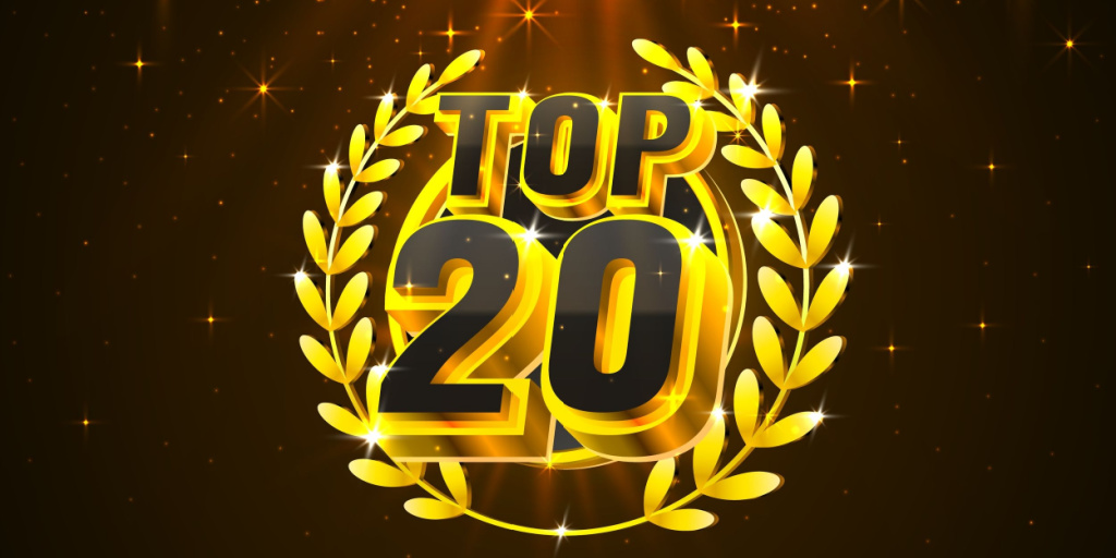 graphic image of Top 20 with gold laurel leaves and sparkles