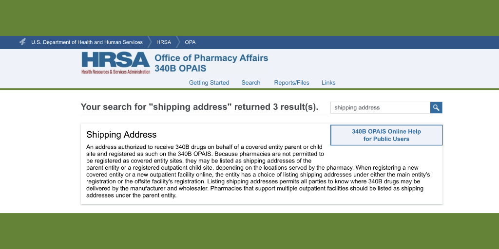 Screenshot of HRSA search result for Shipping address