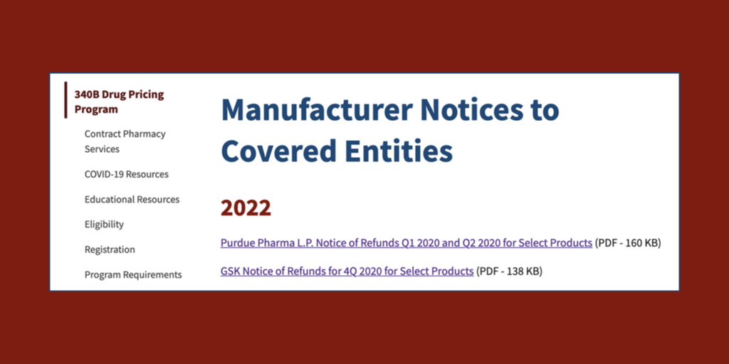 screenshot of drug manufacturers 340B refund notices