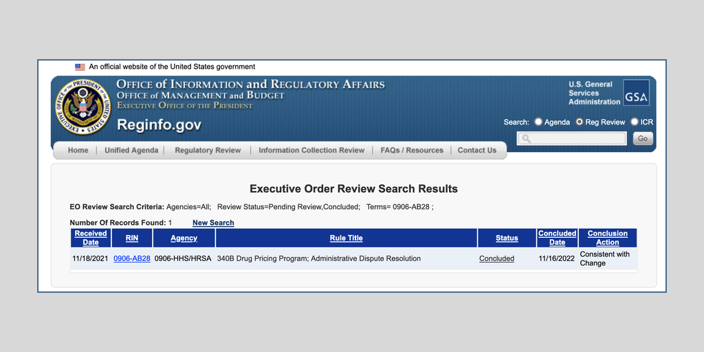 Screenshot of reginfo.gov 340B program ADR record