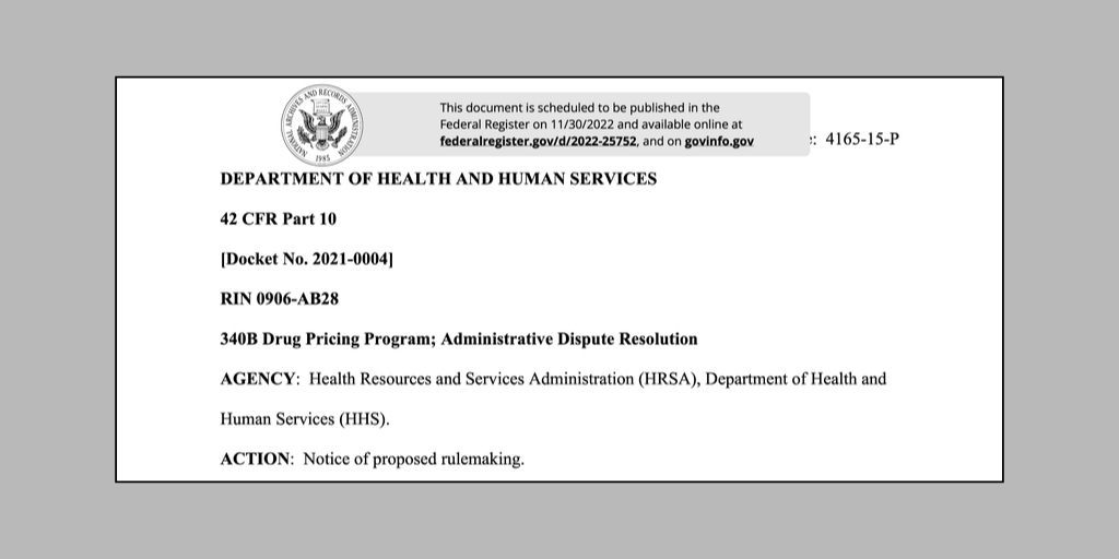 Screenshot of HRSA, HHS 340B ADR document