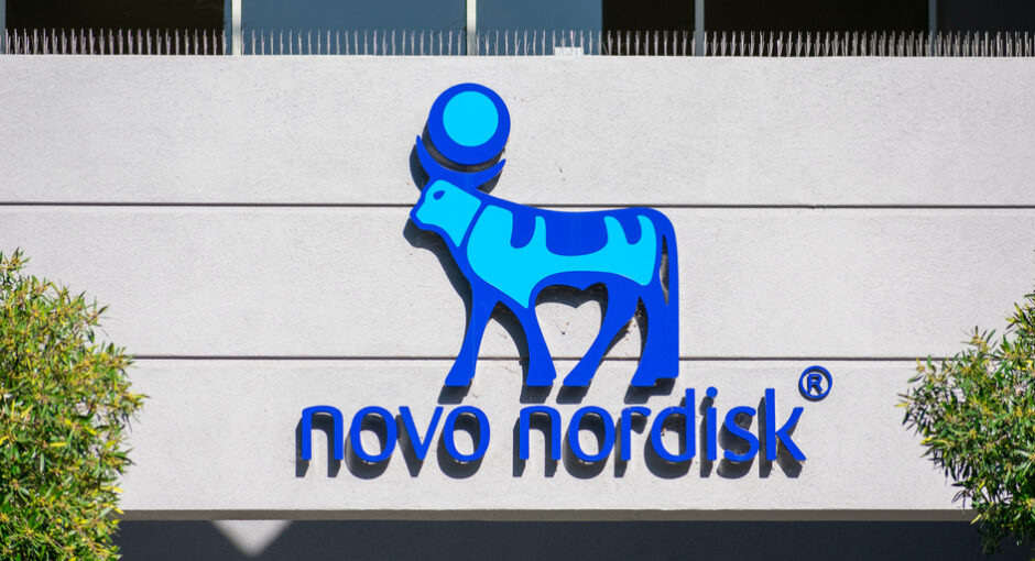 Novo Nordisk wordmark on building facade