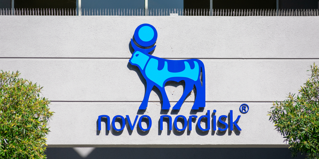 Novo Nordisk wordmark on building facade