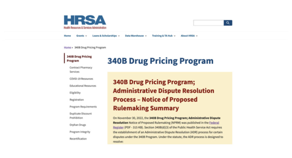 Screenshot of HRSA ADR notice