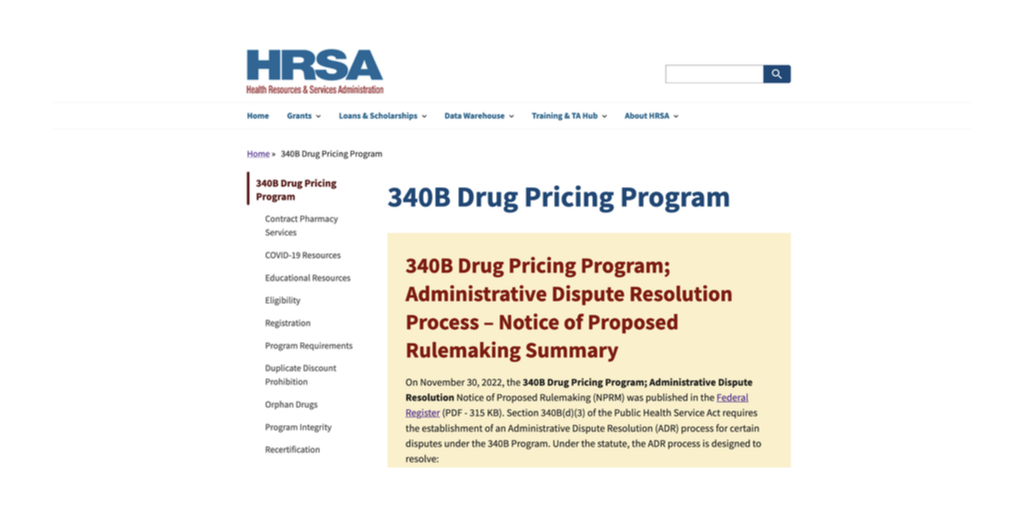 Screenshot of HRSA ADR notice