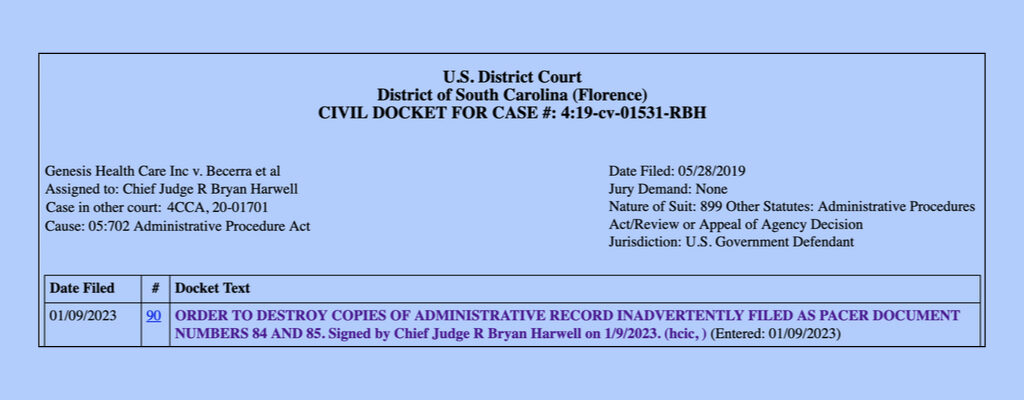 Screenshot of District of South Carolina Genesis Health Care Inc. v. Becerra et al court order
