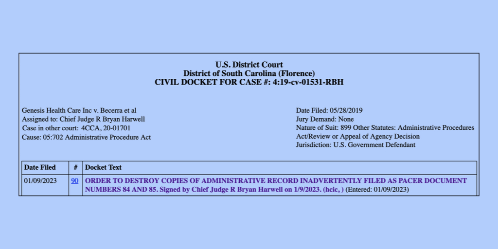 Screenshot of District of South Carolina Genesis Health Care Inc. v. Becerra et al court order