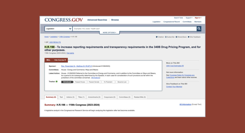 Screenshot of congress.gov 340B legislation page