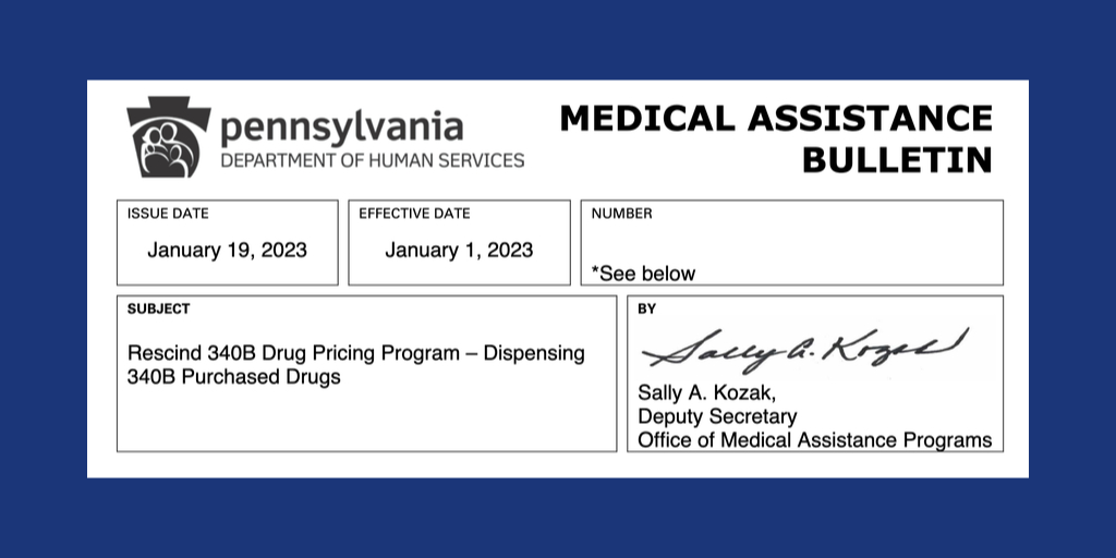 Pennsylvania Dept. of Human Services medical assistance bulletin image referring to 340B drug pricing program