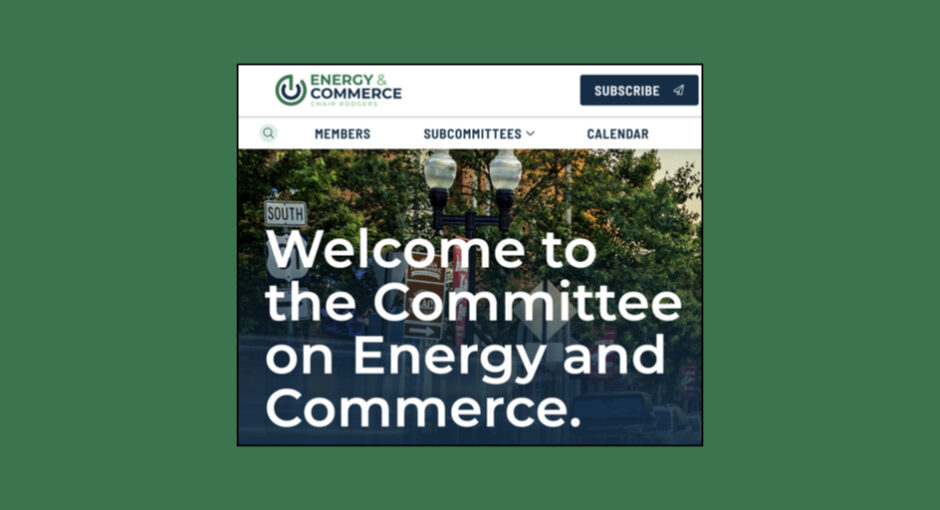 Screenshot of Energy and Commerce welcome splash screen