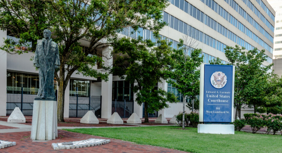 US District courthouse and signage in Baltimore, MD
