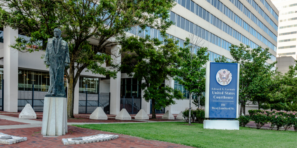 US District courthouse and signage in Baltimore, MD