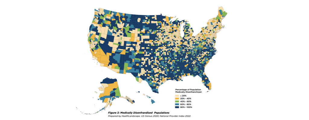 Map of United States depicting percentages of medically disenfranchised populations