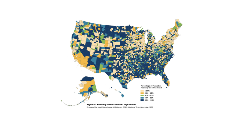 Map of United States depicting percentages of medically disenfranchised populations